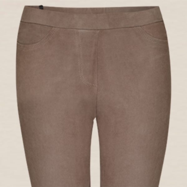 Waistband detail stretch leather leggings taupe by Ayasse against a beige background
