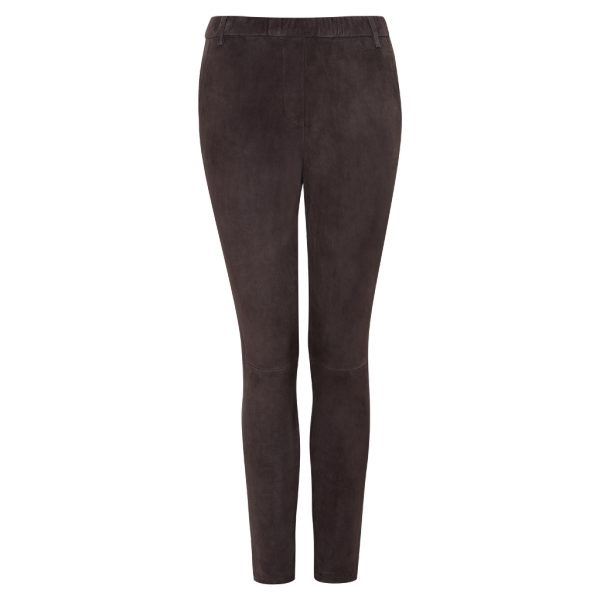 Cutaway of brown velour leather pants in jogger style