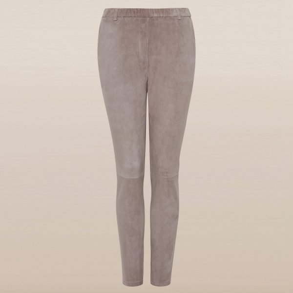 Clipping of gray velour leather pants in jogger style