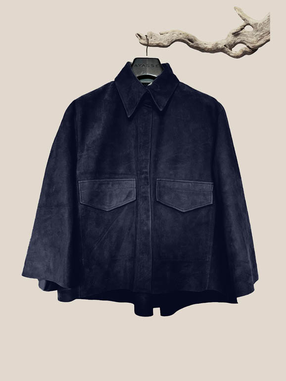 AYASSE suede shirt jacket in dark blue, minimalist design with pockets and collar, spring summer 2026 collection.